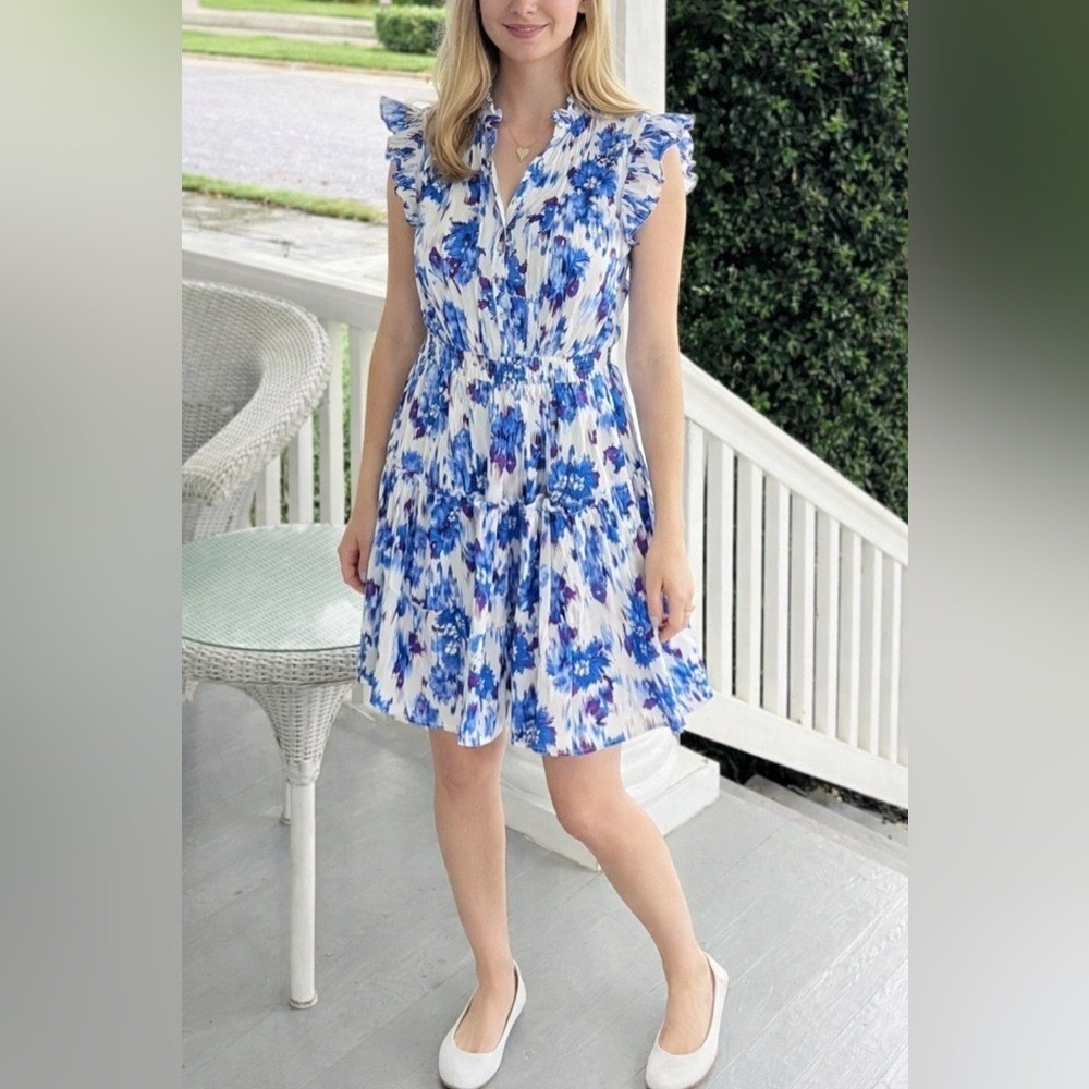 Avara Blue Cotton‎ Blue Floral Ruffle Sleeve Resort Mini Dress Size M
